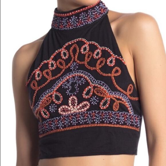 Free People Goa Black Embroidered High Neck Halter Crop Top Size Small NWT - Picture 2 of 3